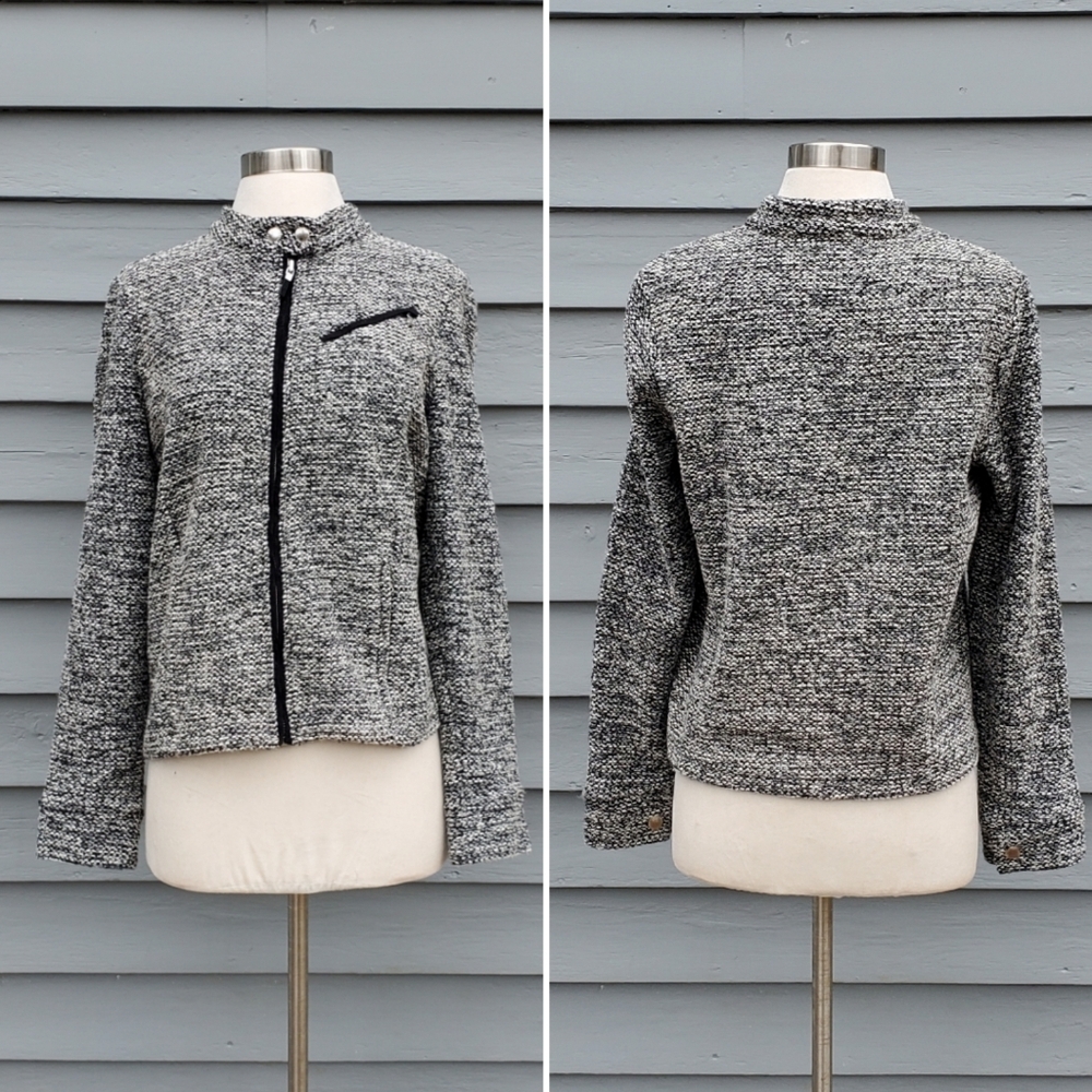 Ralph Lauren‎ Black White Boucle Tweed Light Racer Style Moto Jacket Lg